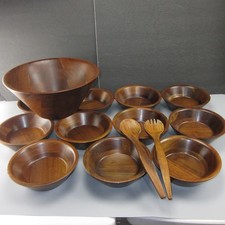 Vintage Vermillion Walnut Mid Century Wood Salad Bowls and Utensils 14 Piece Set picture
