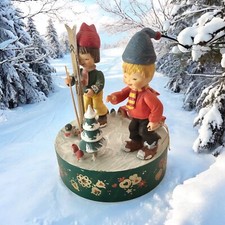 Vtg ANRI Italy Rotating Music Box Winter Wonderland Skiers Children Christmas picture