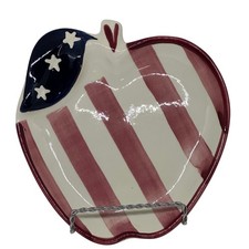 VTG Laurie Gates Designs Apple Trinket Dish Red White Blue Stars Stripes 1996 picture