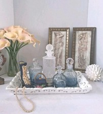 VTG 'Blue' Vanity Set w/Glass Bottles; Ceramic Boot + Purse Trinket Box + Tray  picture