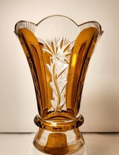 Vintage Bohemian Amber Crystal Vase-Cut to Clear Floral Glass Vase-Scalloped 6  picture