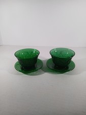 Vintage Set Of 2Green Depression/Pressed Glass Sandwich/Custard Cup And Saucers picture