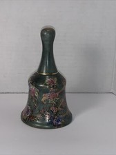Vintage Green Ceramic Hand Painted Bell Flowers Birds Gold Trim 5”tall 3” picture