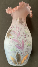 Antique hand blown 10 Inch Bristol vase hand painted flowers pink ruffled rim picture
