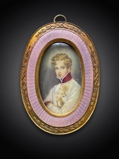ANTIQUE NAPOLEON II MINIATURE PORTRAIT PINK GUILLOCHE ENAMEL BRONZE FRAME 8X6 CM picture