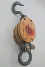 Upton Walton Vintage Wooden Double Sheave Pulley Block Tackle with Hook 4-RB picture
