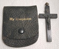 Antique Real Ebony Pocket Cross Crucifix My Companion Leather Case Priest Nun  picture