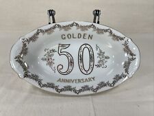Vintage Golden 50 Anniversary 8.75” Oval Dish White with Goldtone Floral Design picture