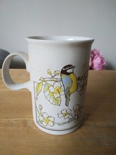 Vintage Dunoon Blue Yellow Birds Flowers Coffee Tea Mug Ceramic Made in Scotland picture