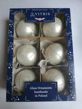 Vitbis Poland Handmade Glass Ornaments Set of 6 Glitter White Elegant Snowflake picture