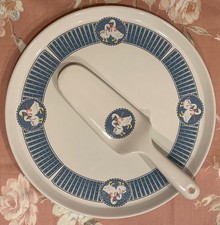 Vtg Country Geese w/Ribbons Hostess Pie Cake Plate & Server Farmhouse Cottage picture