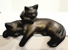 Vintage Mid Century Bronze Cat Shelf Sitter Figurine Pair Sleeping Cats Statue picture