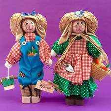 ~$20~NEW Farmer Boy+Girl Easter Bunny Rabbits w/Overalls+Straw Hats+Wooden Head picture