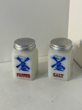 Vintage Hazel Atlas Milk Glass Salt & Pepper Shakers Windmills White/Blue/Red  picture