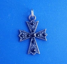 Vintage Silver Tone Christian Cross Artisan Pendant with Faux Black Stones picture