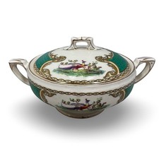Myott Royal Crown Staffordshire England Chelsea Bird Green Covered Sugar Bowl picture