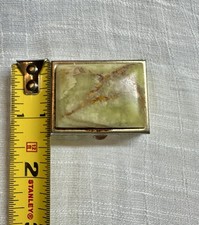 Green Onyx Vintage Pill Box Mid Century Brass Pocket Case Small Vanity Ring Box picture