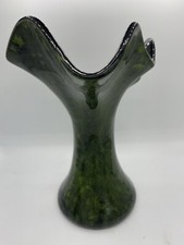 Mid Century Green/Black Glazed Ceramic Swung Style Vase Signed D picture