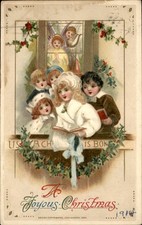Christmas Children at Window with Angels John Winsch c1910s-20s Vintage Postcard picture
