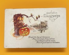 Antique 1921 Nash Halloween Postcard Series H-49 Owl Jack-O-Lantern Embossed picture
