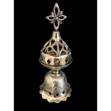 Vintage Silver Tone Metal Incense Burner Cross Finial Ornate Vented Lid 7.5 Inch picture