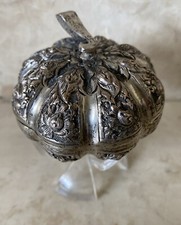 Covered Pumpkin Dish Silver Repousse Vines w Leaf/Bud Charms Cambodian Artistan picture