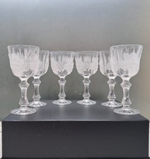 6 Vintage French Style Bacchus Glass Wine Goblets Frosted Grape Knopped Stem picture