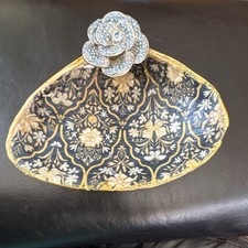  Scallop Shell Trinket Dish | Crystal Brooch Accent | Blue & GoldVanity Decor |  picture