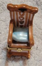 Vintage Rocking Chair Porcelain Trinket Box Small Brown Blue Cushion Pillow  picture
