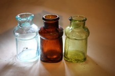 LOT OF 3 ANTIQUE 1800s  BIXBY INK / POLISH BOTTLES -  AQUA , BROWN, & GREEN picture