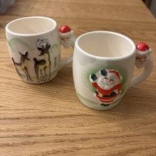 Vintage Lefton Japan Christmas Santa Handle Reindeer Mugs #2019 Set of 2 picture