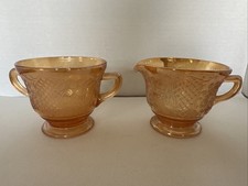 VTG MARIGOLD CARNIVAL GLASS NORMANDIE HANDLED SUGAR BOWL /CREAMER GLASSWARE picture