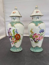 Pair Royal Europe Hand Painted Porcelain Lidded Vase Chinoiserie Green Scale Urn picture