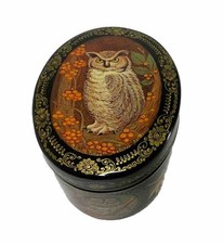 Lacquer jewelry box papier-mache Hand Painted signned Kholui . Birds picture