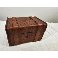 Vintage Swiss Black Forest Hand Carved Linden Wood Jewelry Box Trunk Chest 1920s picture