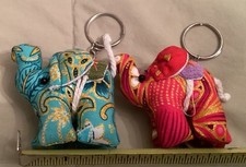 Handcrafted Thai Elephant Keychains Pair Of Colorful Satin And Traditional Fab picture