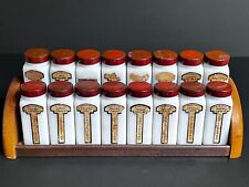 Griffith's Purified  16  Milk Glass Spice Jars / Red Lids / Wood Wall Rack picture