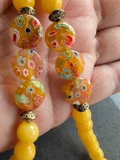 Rare Vintage Venetian Millefiori ? Yellow Glass Beads Beaded Necklace 18