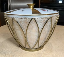 RARE-MCM FIRE KING Gold Speckled MILK GLASS BOWL w/CADDY & Floral & Gold picture