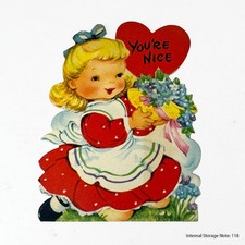 Vintage Gibson Valentine Card Die-Cut Girl with Flowers & Heart You're Nice picture