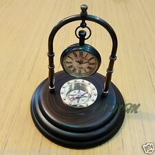 Antique Brass Desk Clock With Wooden Base Marine Compass Table top Decorative picture