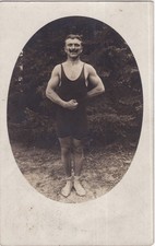 Vintage RPPC - Muscular mustached man in one-piece swimsuit - Gay interest picture