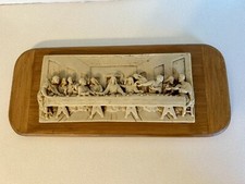 Genuine Incolay Stone Last Supper Plaque On Wood 14 X 6” Vintage EUC picture