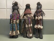 Hand-Carved Wooden African Turkana Kenya Dolls - Set of 3 - Leather Beads Shells picture