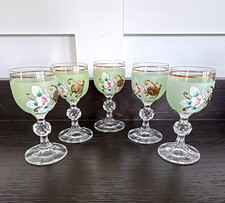 Vintage Satin Green Cordial Glasses Set of 5 Floral Gold Trim Stemmed Liqueur picture