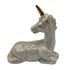 Vintage 1990s Pearlized Unicorn Figurine Ceramic Laying Down Gold Horn Male picture