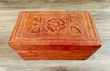 Vintage Tooled Leather Wooden Jewelry Box Hand Carved Trinket Chest Boho Storage picture