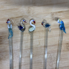 Tropical Swizzle Stir Sticks Hand Blown Glass Bar Ware Cocktail Birds Set of 5 picture