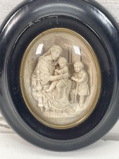 Antique 19th C Carved Madonna Child St John Round Plaque Framed Under Glass picture