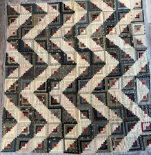 Antique Log Cabin Patchwork Quilt Fields & Furrows 1880s Indigo Turkey Red picture